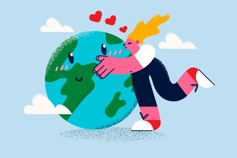 Woman hug kiss planet earth take care of environment